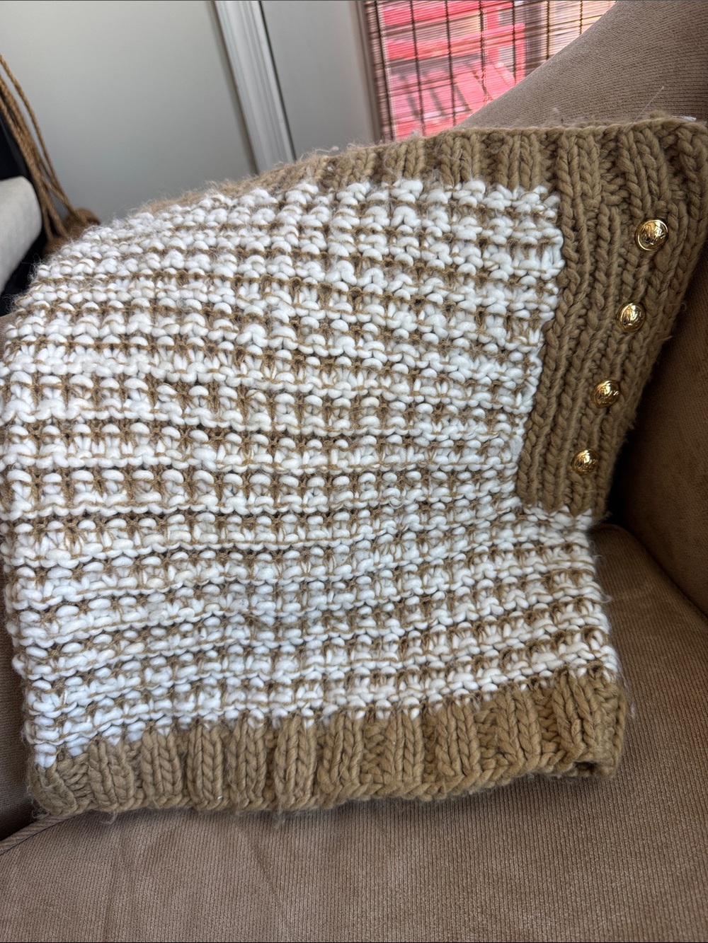 Michael Kors Two-Tone Knit Scarf in Cream and Tan with Gold Buttons